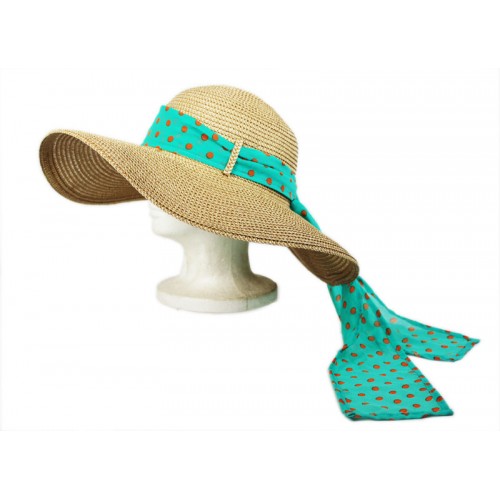 Wide Brim Straw Hat w/ Polka Dot Chiffon Ribbon - Turguoise - HT-SHT2412TQ
